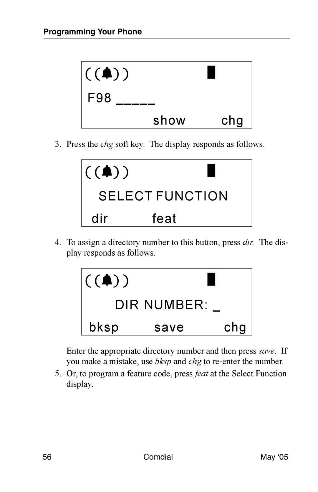 Vertical Communications DX-80 manual F98 Show chg, Select Function, Dir feat, DIR Number 