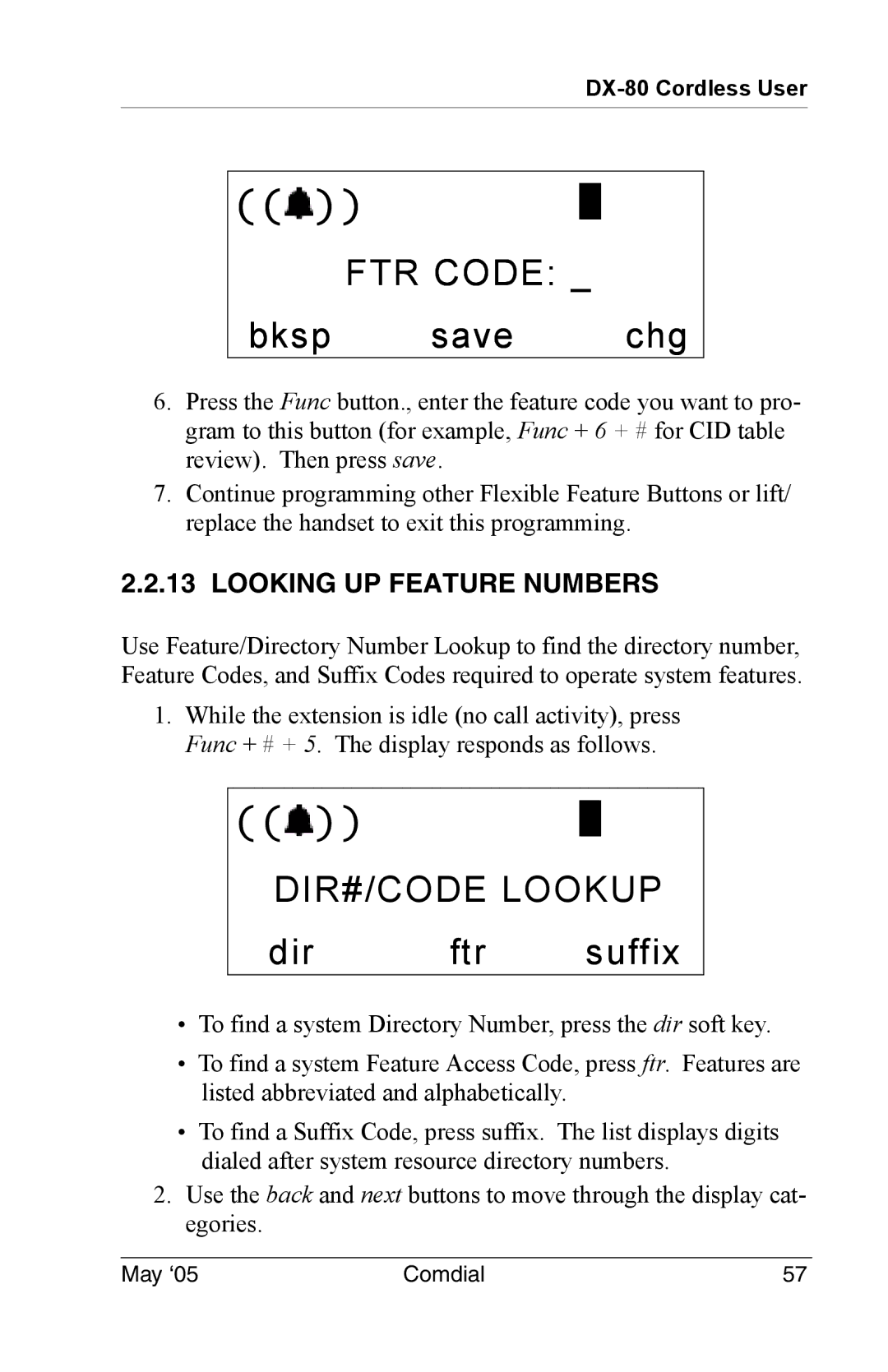 Vertical Communications DX-80 manual FTR Code, DIR#/CODE Lookup, Dir Ftr Suffix, Looking UP Feature Numbers 