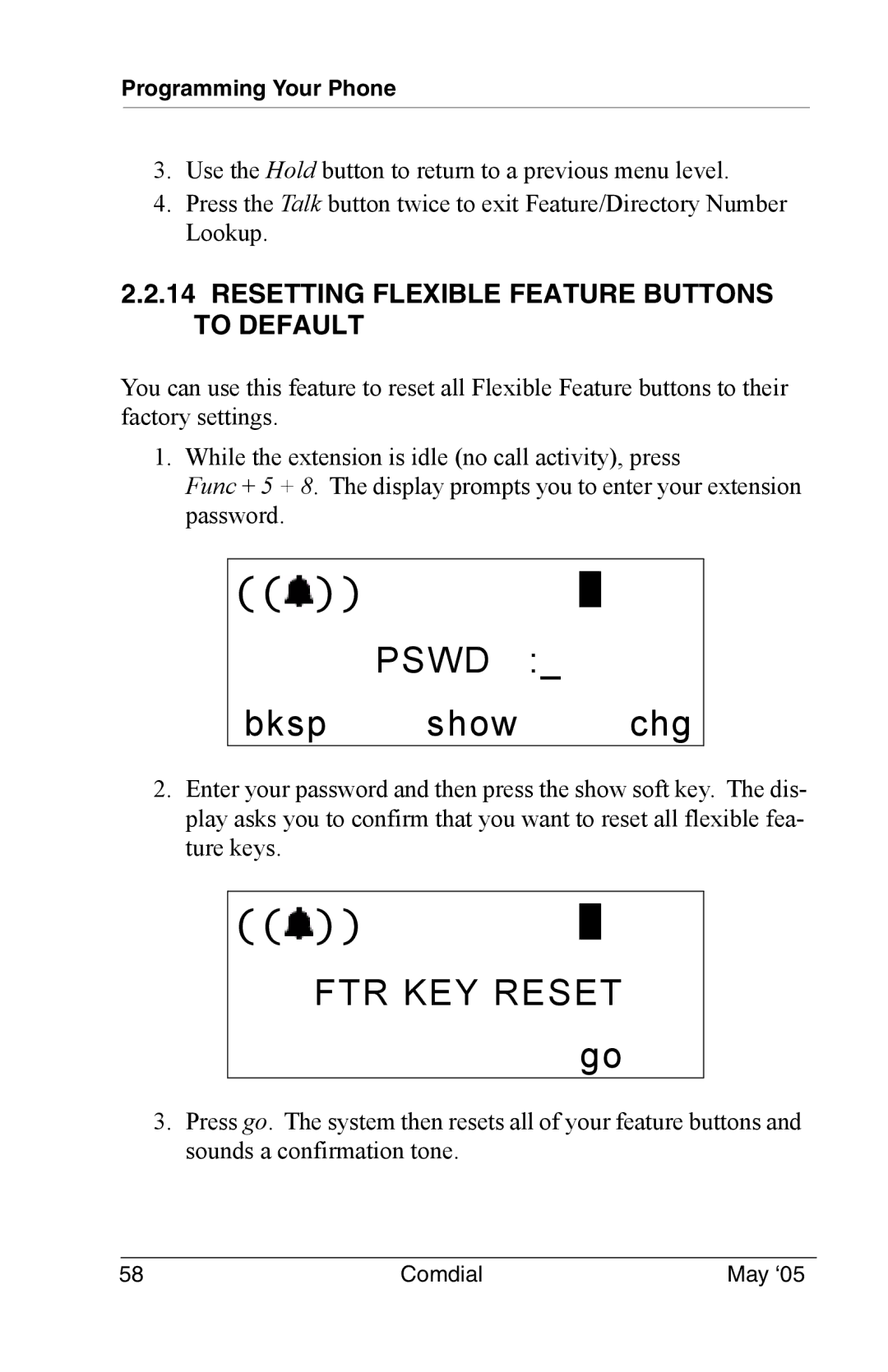 Vertical Communications DX-80 manual FTR KEY Reset go, Resetting Flexible Feature Buttons to Default 