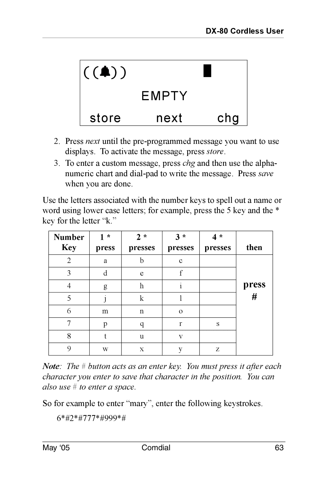 Vertical Communications DX-80 manual Empty, Store next chg 