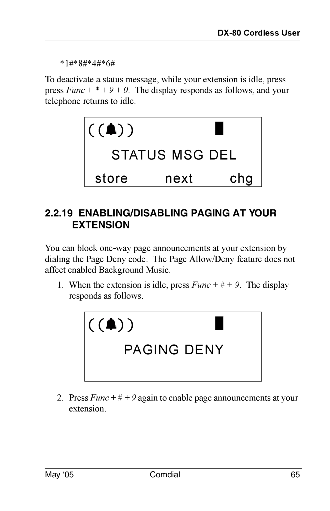 Vertical Communications DX-80 manual Status MSG DEL, Paging Deny, ENABLING/DISABLING Paging AT Your Extension 