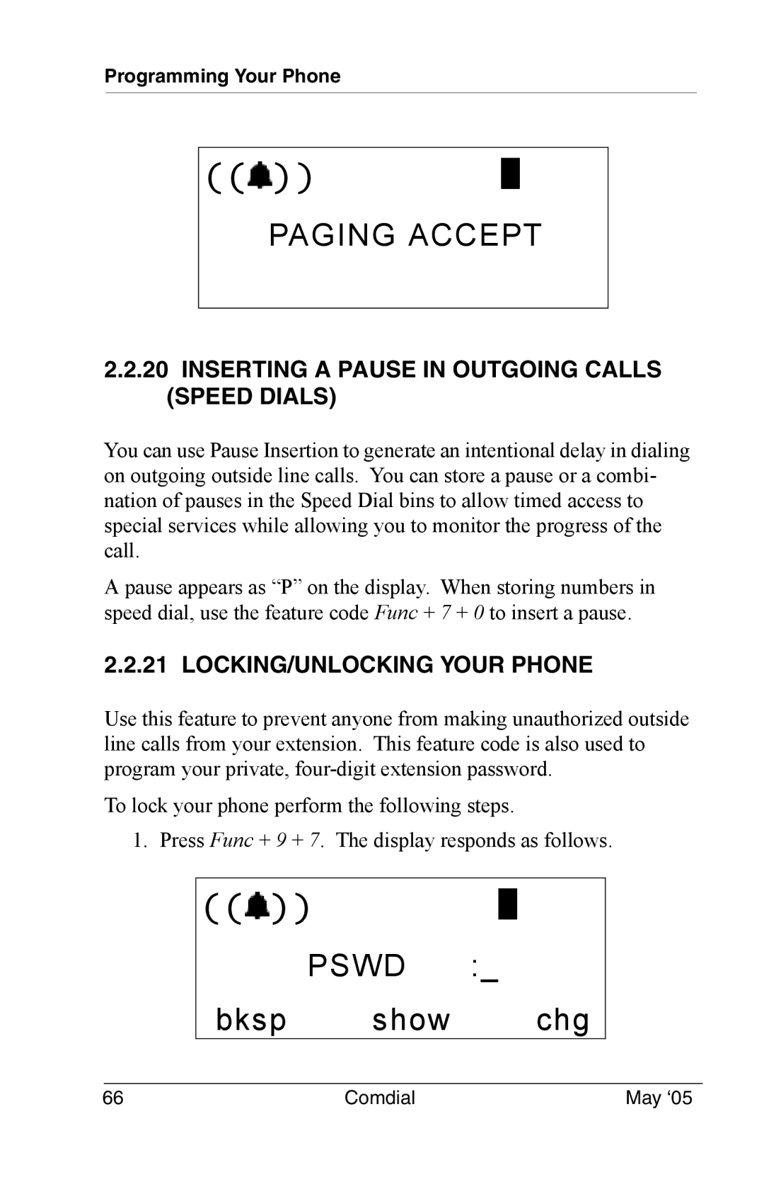 Vertical Communications DX-80 Paging Accept, Inserting a Pause in Outgoing Calls Speed Dials, LOCKING/UNLOCKING Your Phone 