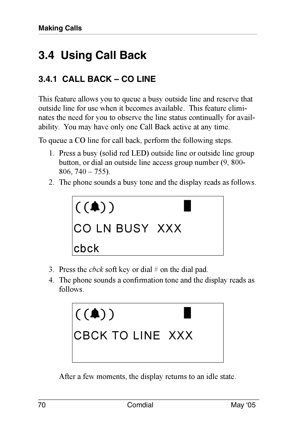 Vertical Communications DX-80 manual Using Call Back, CO LN Busy XXX cbck, Cbck to Line, Call Back CO Line 