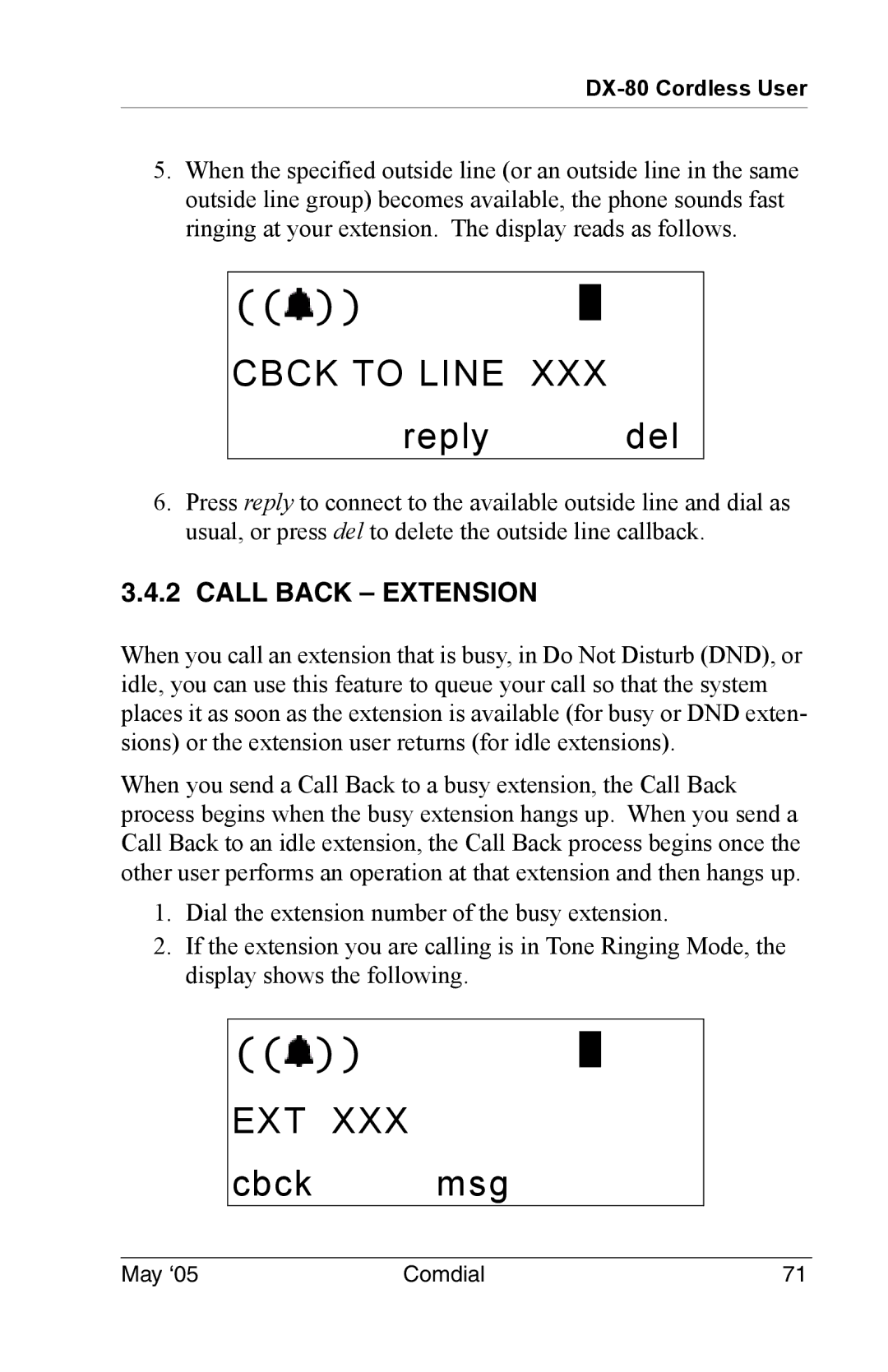 Vertical Communications DX-80 manual Reply del, Cbck msg, Call Back Extension 