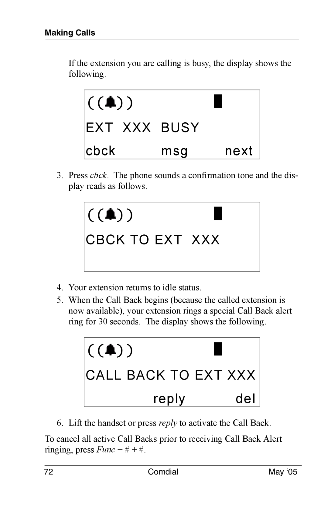 Vertical Communications DX-80 manual EXT XXX Busy, Cbck msg next, Cbck to EXT, Call Back to EXT 