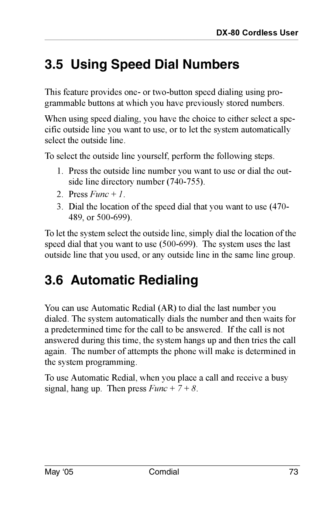 Vertical Communications DX-80 manual Using Speed Dial Numbers, Automatic Redialing 