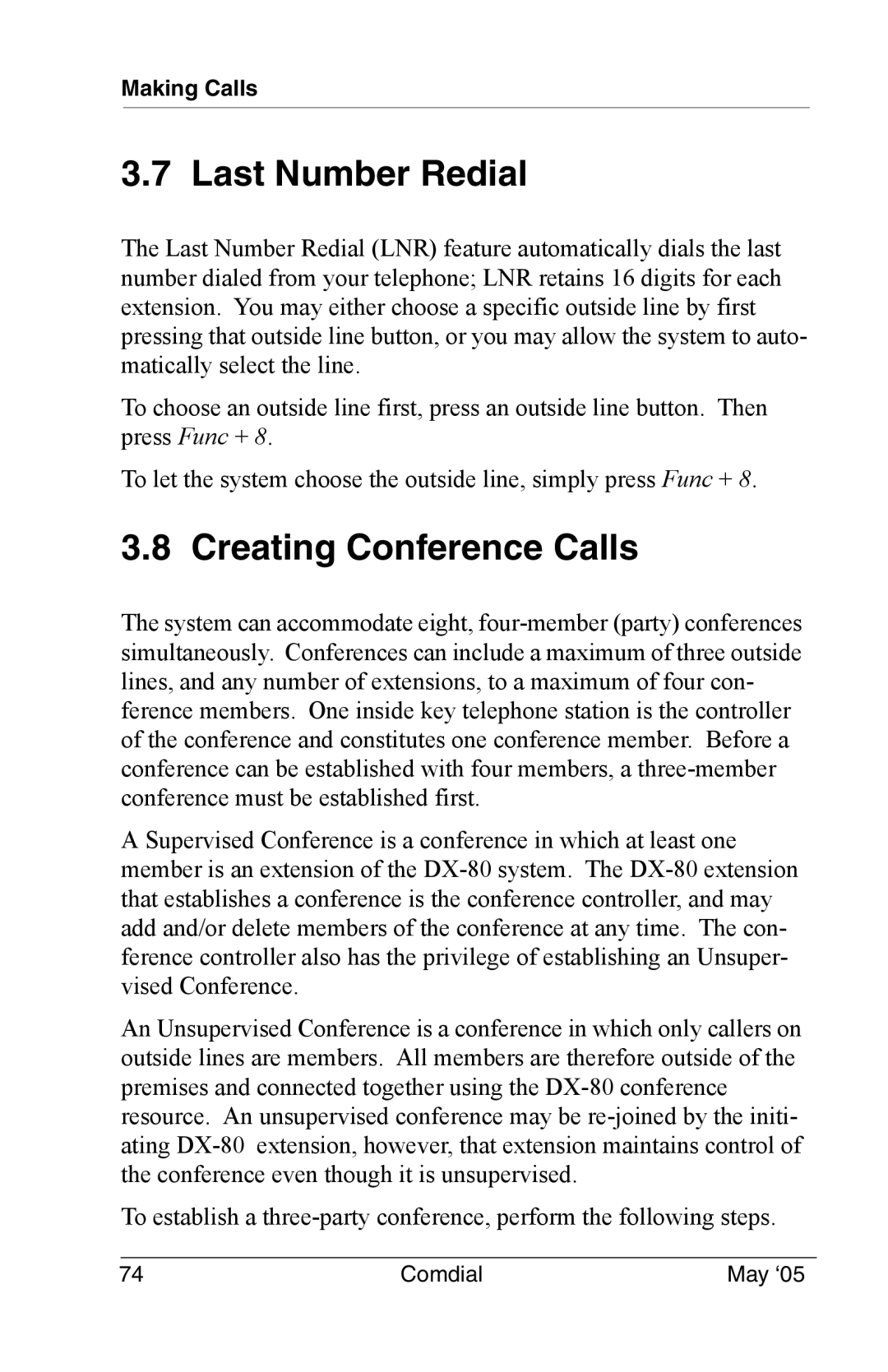 Vertical Communications DX-80 manual Last Number Redial, Creating Conference Calls 