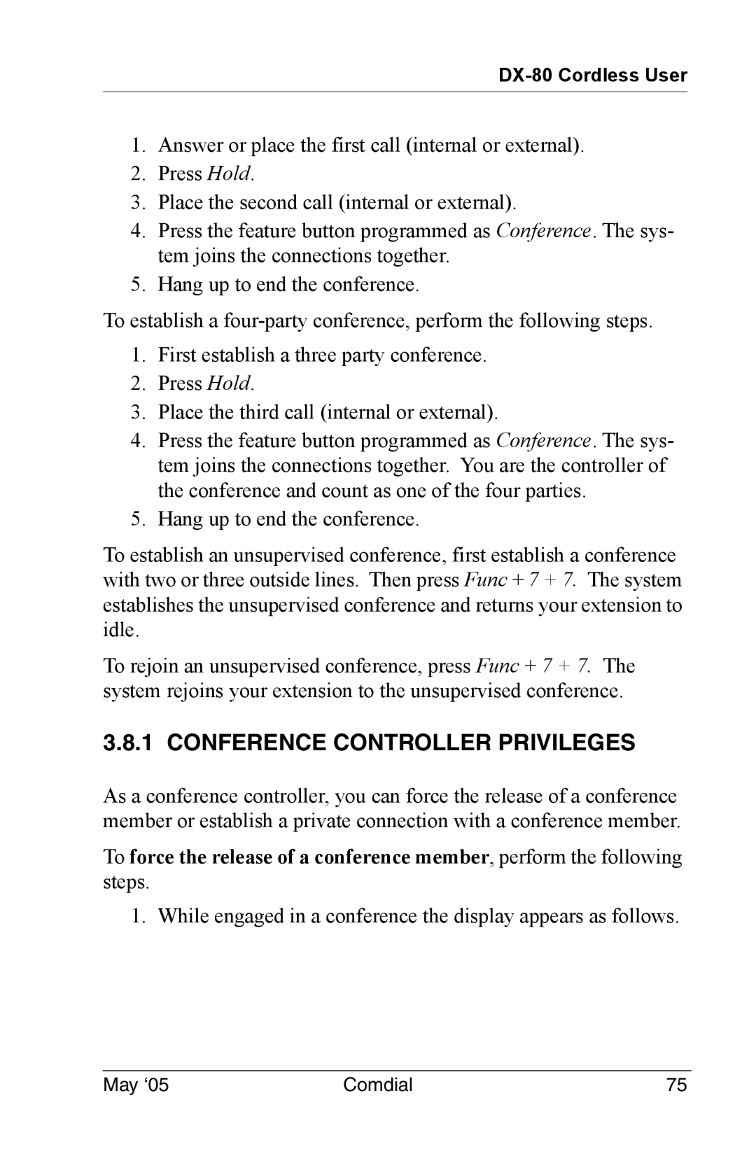 Vertical Communications DX-80 manual Conference Controller Privileges 