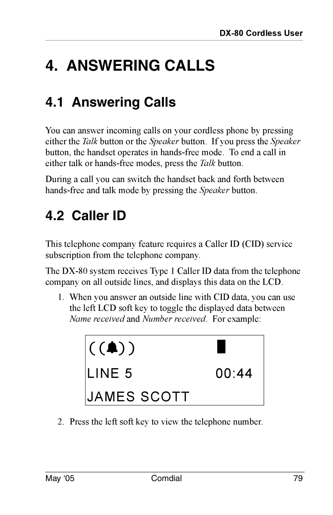 Vertical Communications DX-80 manual Answering Calls, Caller ID, Line, 0044, James Scott 