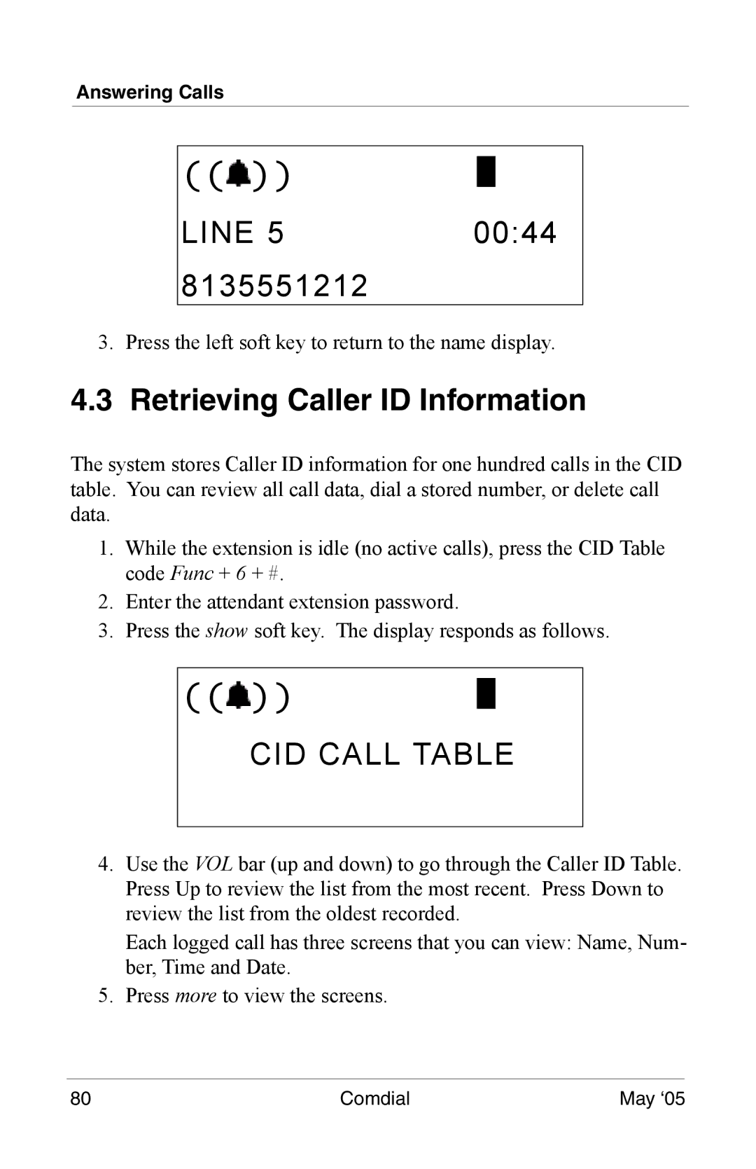 Vertical Communications DX-80 manual 8135551212, Retrieving Caller ID Information, CID Call Table 