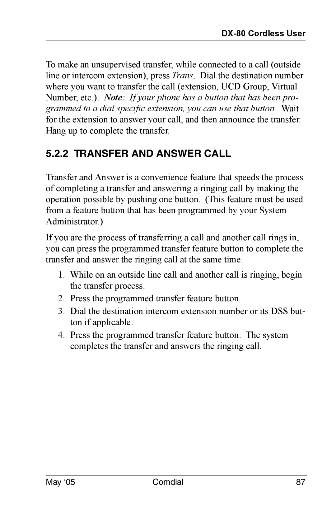 Vertical Communications DX-80 manual Transfer and Answer Call 