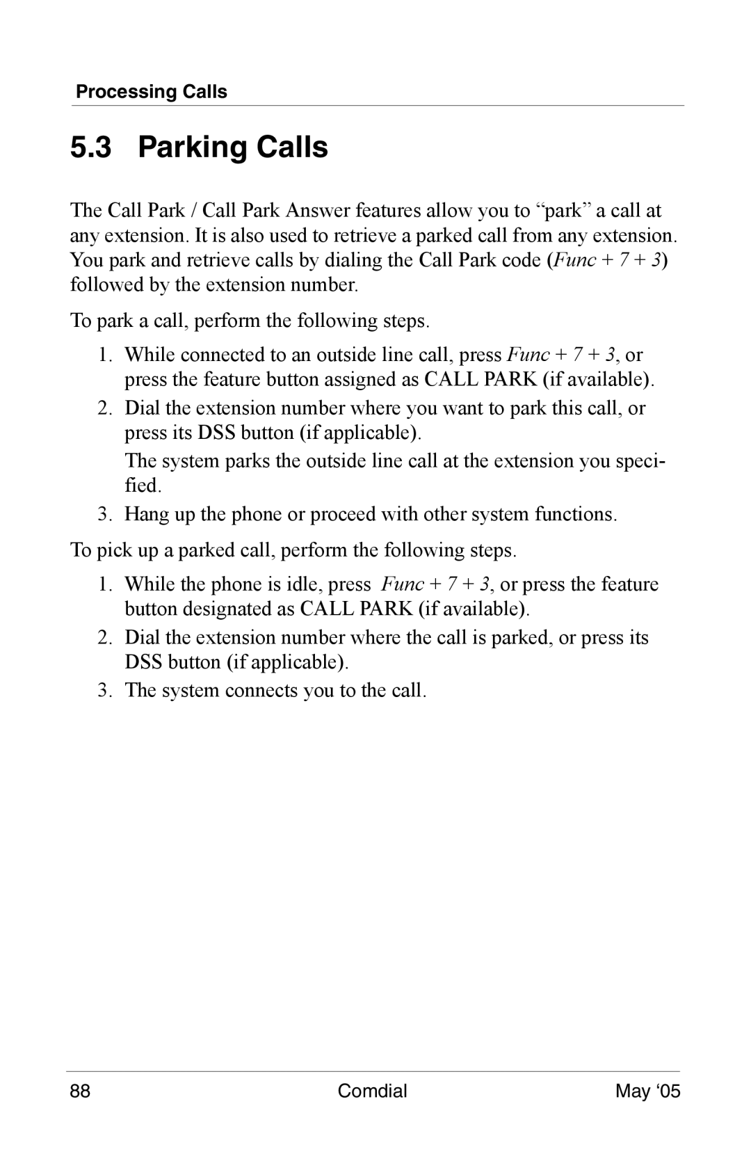 Vertical Communications DX-80 manual Parking Calls 