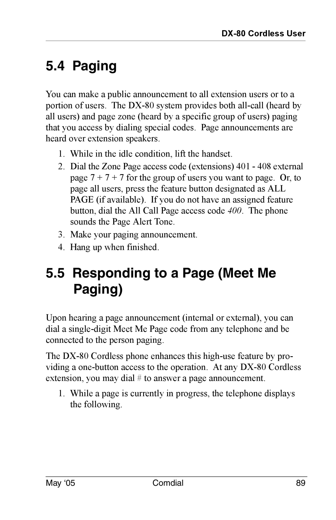 Vertical Communications DX-80 manual Responding to a Page Meet Me Paging 