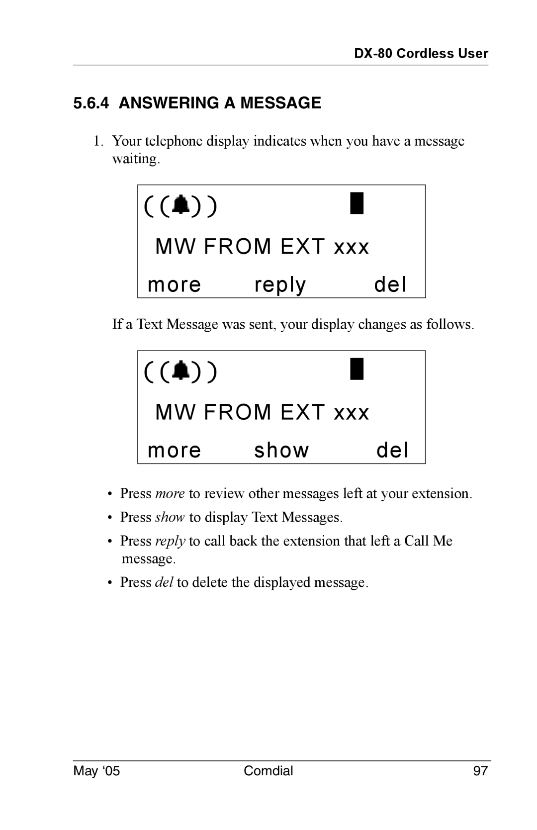 Vertical Communications DX-80 manual MW from EXT More reply del, MW from EXT More show del, Answering a Message 