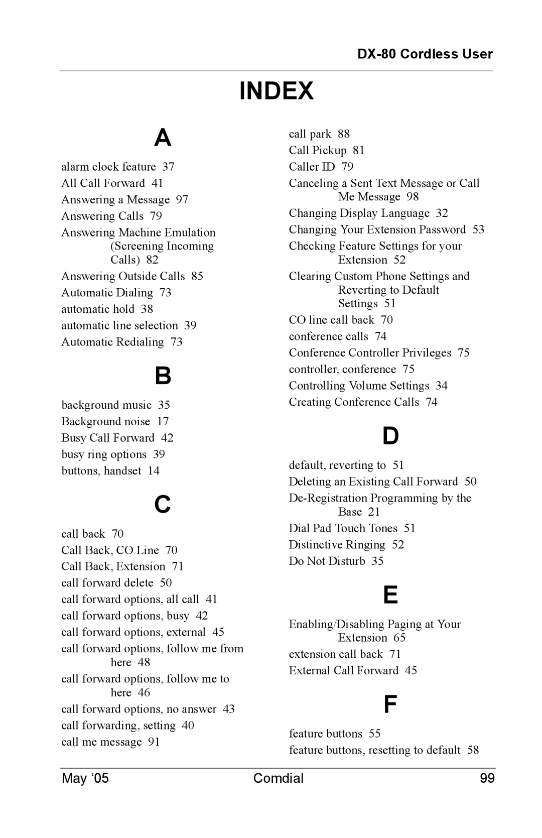 Vertical Communications DX-80 manual Index 