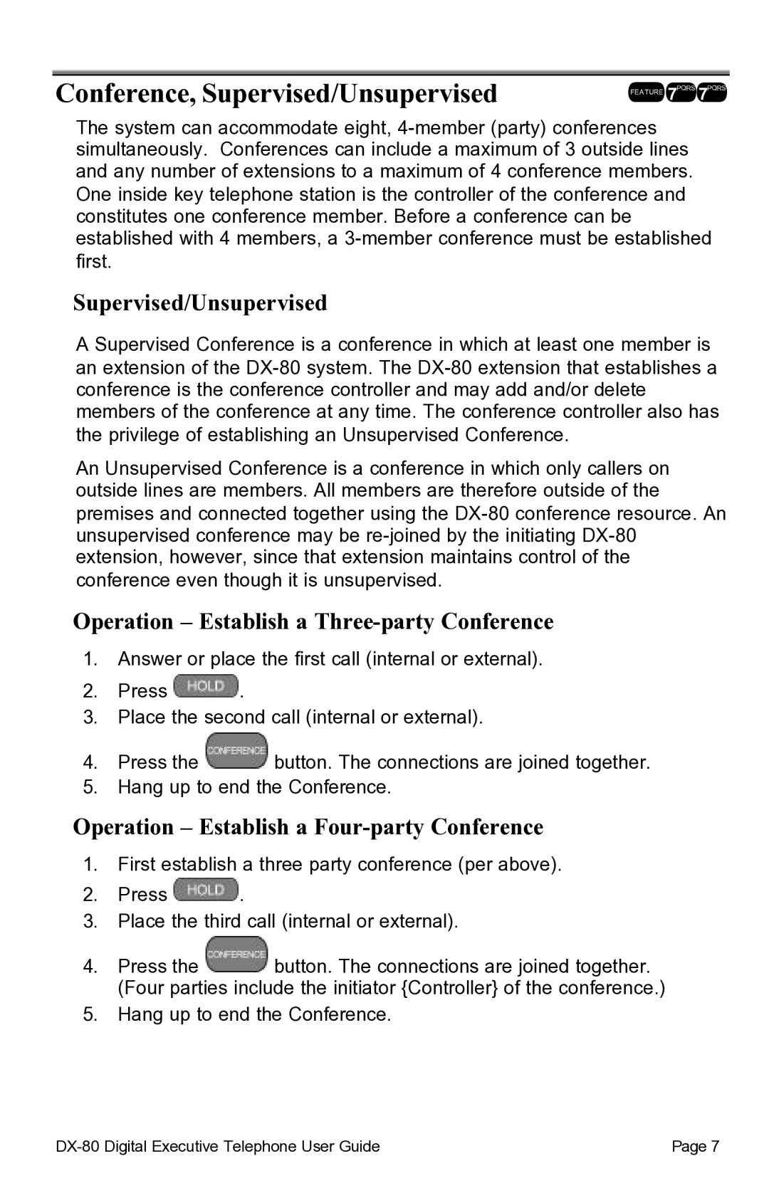 Vertical Communications DX-80TM manual Conference, Supervised/Unsupervised, Operation Establish a Three-party Conference 