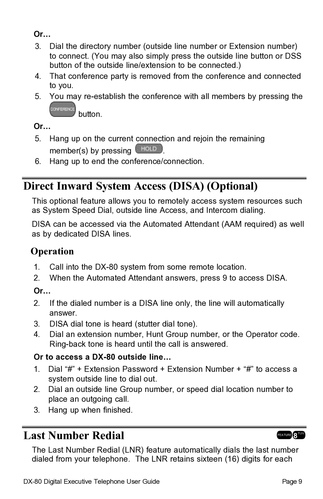 Vertical Communications DX-80TM manual Direct Inward System Access Disa Optional, Last Number Redial 