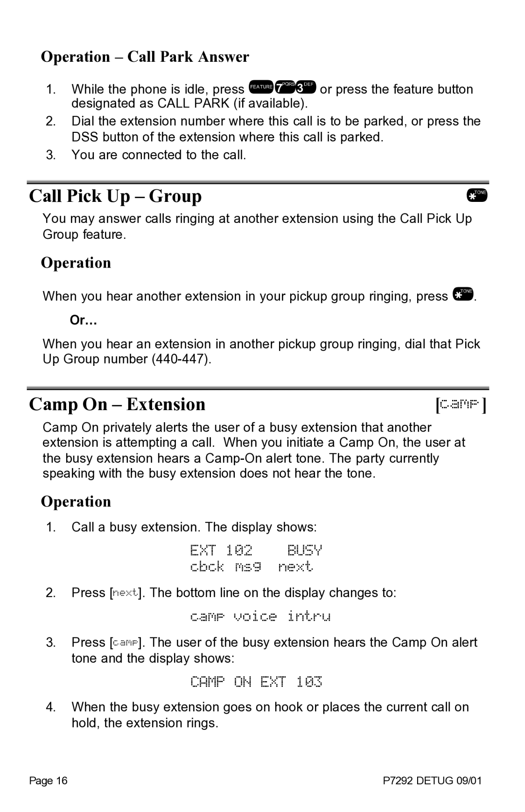 Vertical Communications DX-80TM manual Call Pick Up Group, Camp On Extension, Camp on EXT 