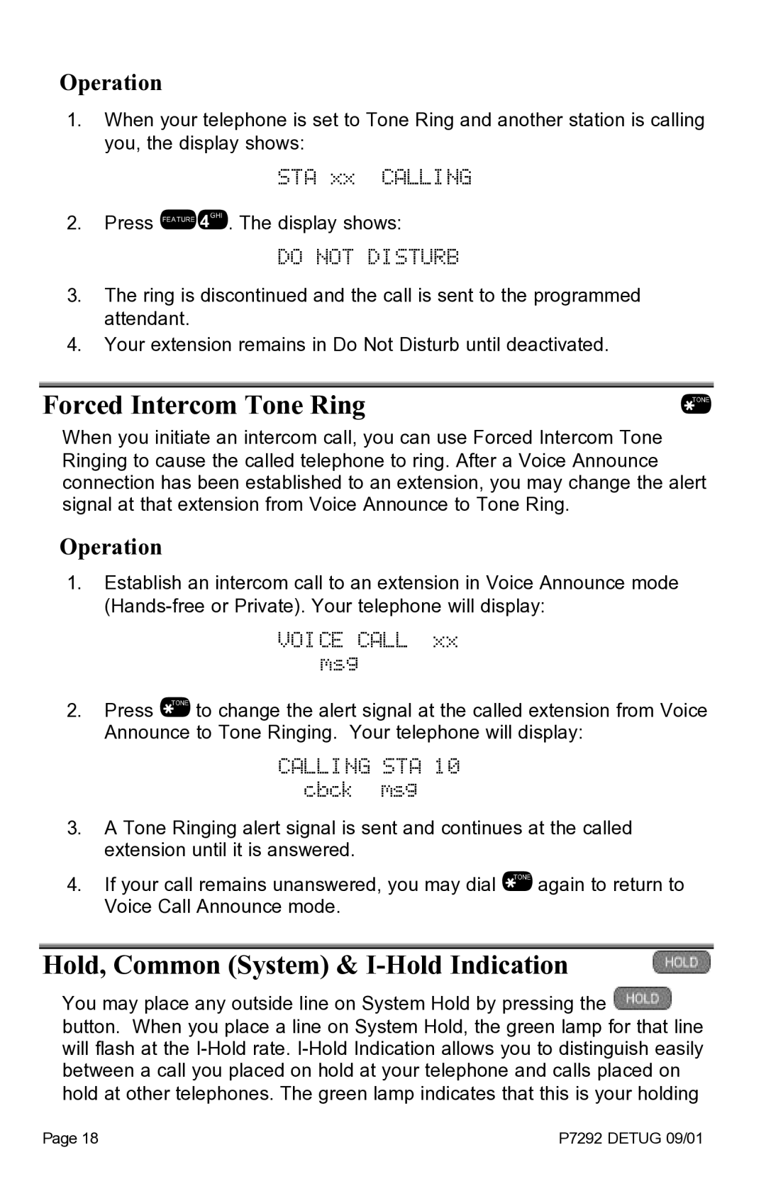 Vertical Communications DX-80TM manual Do not Disturb, Forced Intercom Tone Ring, Hold, Common System & I-Hold Indication 