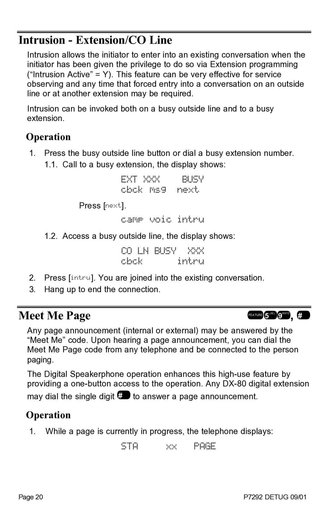 Vertical Communications DX-80TM manual Intrusion Extension/CO Line, Meet Me 