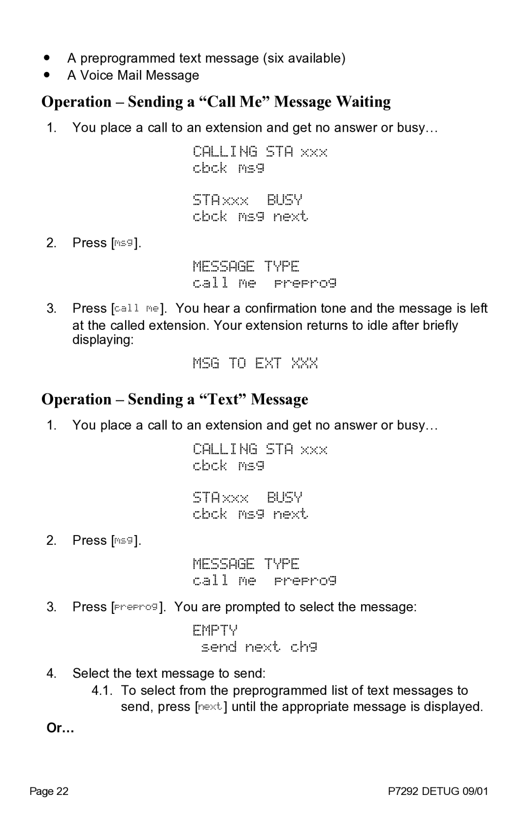 Vertical Communications DX-80TM manual Calling STA xxx cbck msg, MSG to EXT, Empty, Send next chg 