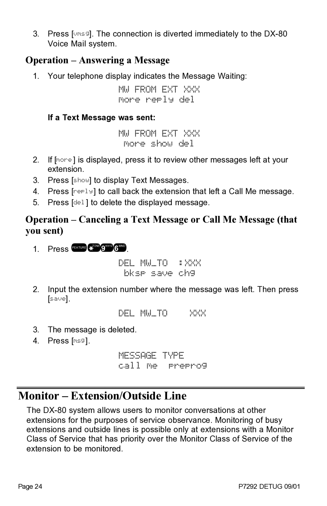 Vertical Communications DX-80TM manual DEL Mwto, Monitor Extension/Outside Line, Operation Answering a Message 