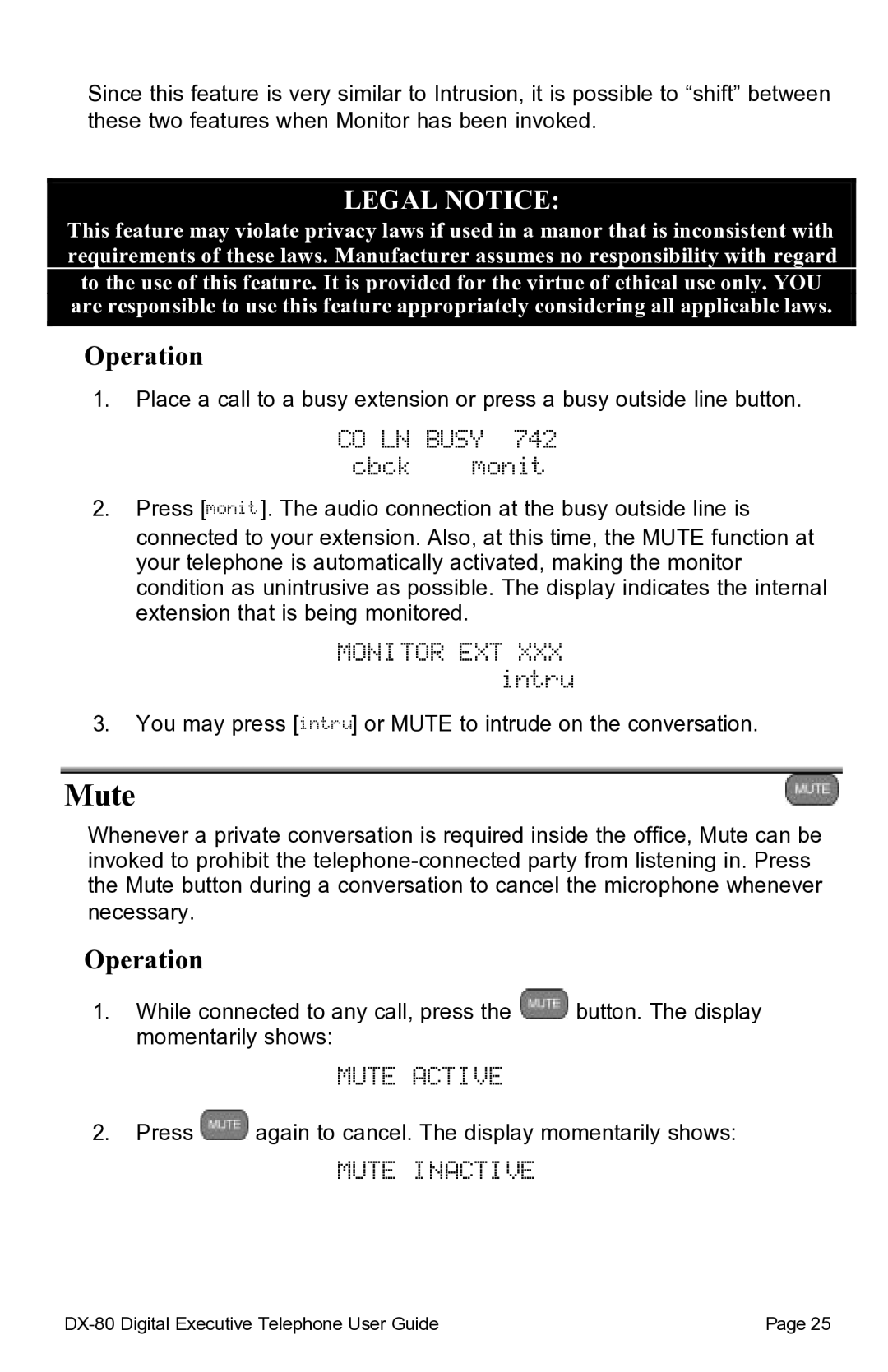 Vertical Communications DX-80TM manual Cbck monit, Mute Active, Mute Inactive 