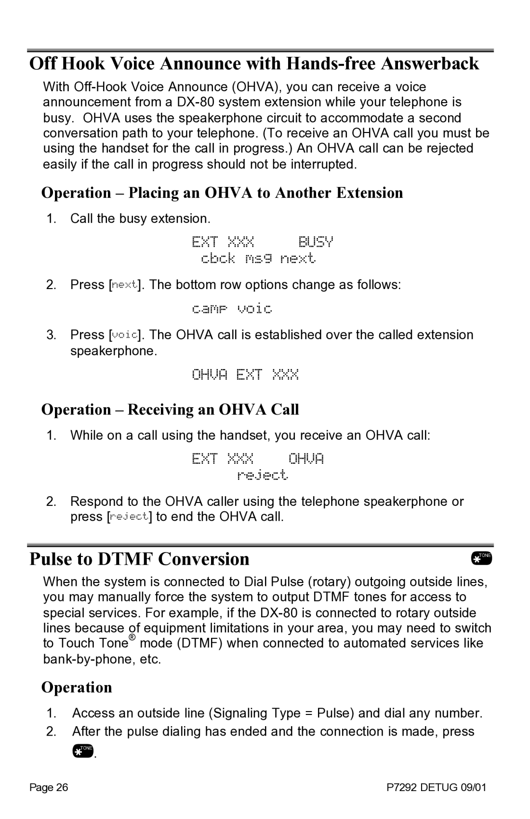 Vertical Communications DX-80TM manual Off Hook Voice Announce with Hands-free Answerback, Pulse to Dtmf Conversion 