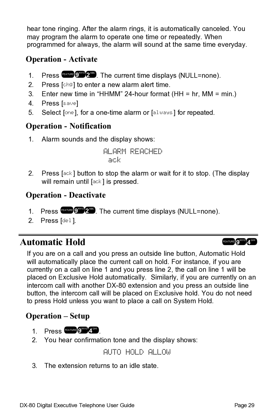 Vertical Communications DX-80TM manual Automatic Hold, Auto Hold Allow, Operation Activate, Operation Notification 