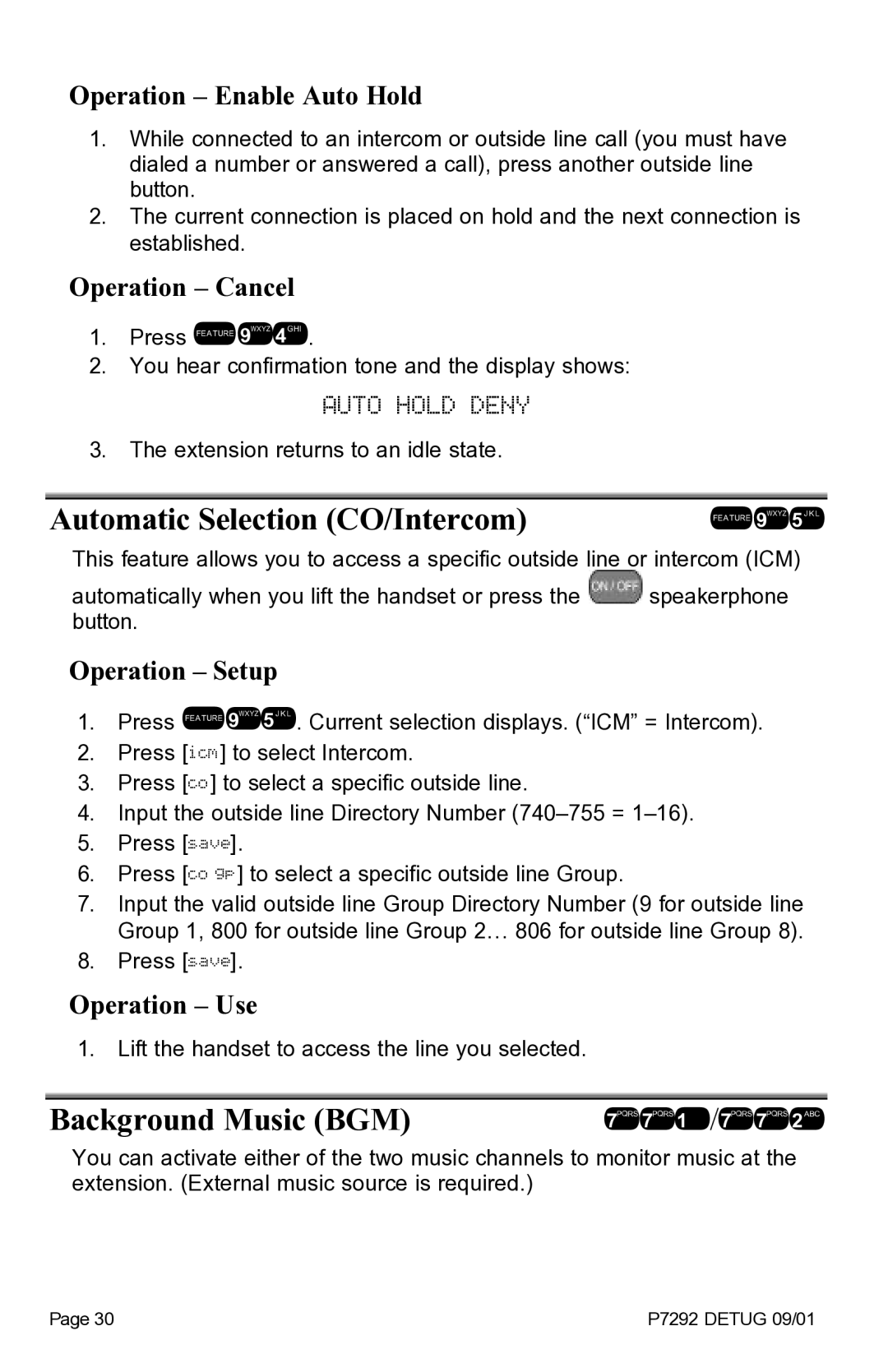 Vertical Communications DX-80TM Auto Hold Deny, Automatic Selection CO/Intercom, Background Music BGM, Operation Cancel 