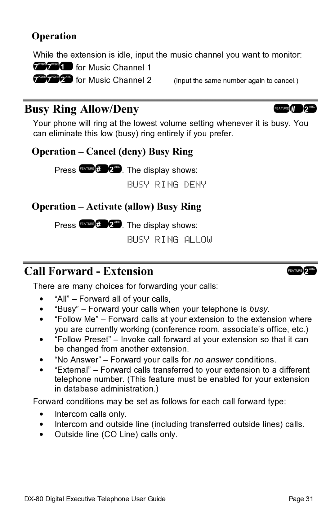 Vertical Communications DX-80TM manual Busy Ring Allow/Deny, Busy Ring Deny, Call Forward Extension 