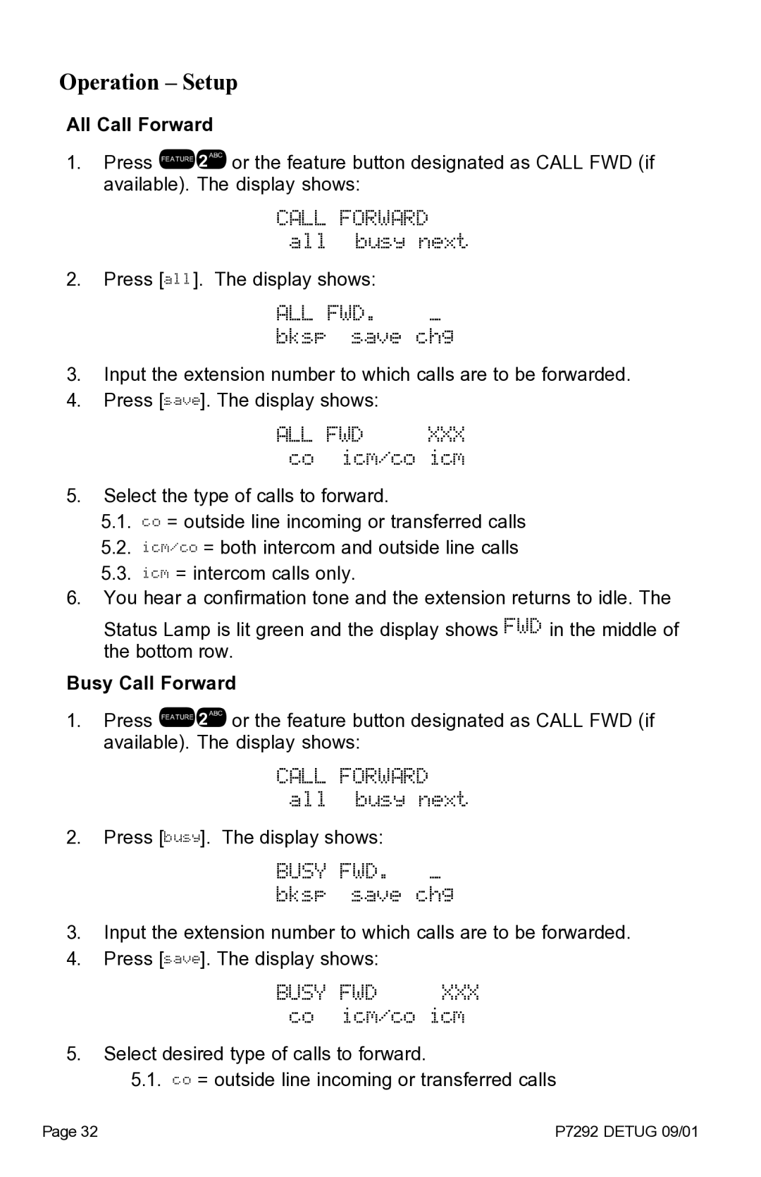 Vertical Communications DX-80TM manual ALL FWD. bksp save chg, ALL FWD XXX co icm/co icm, Busy FWD. bksp save chg 