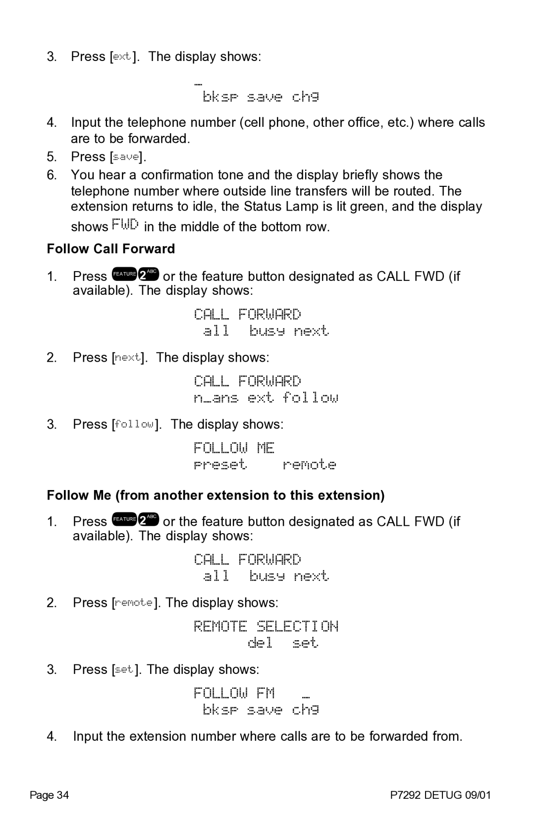 Vertical Communications DX-80TM manual Follow ME, Preset remote, Follow FM bksp save chg 