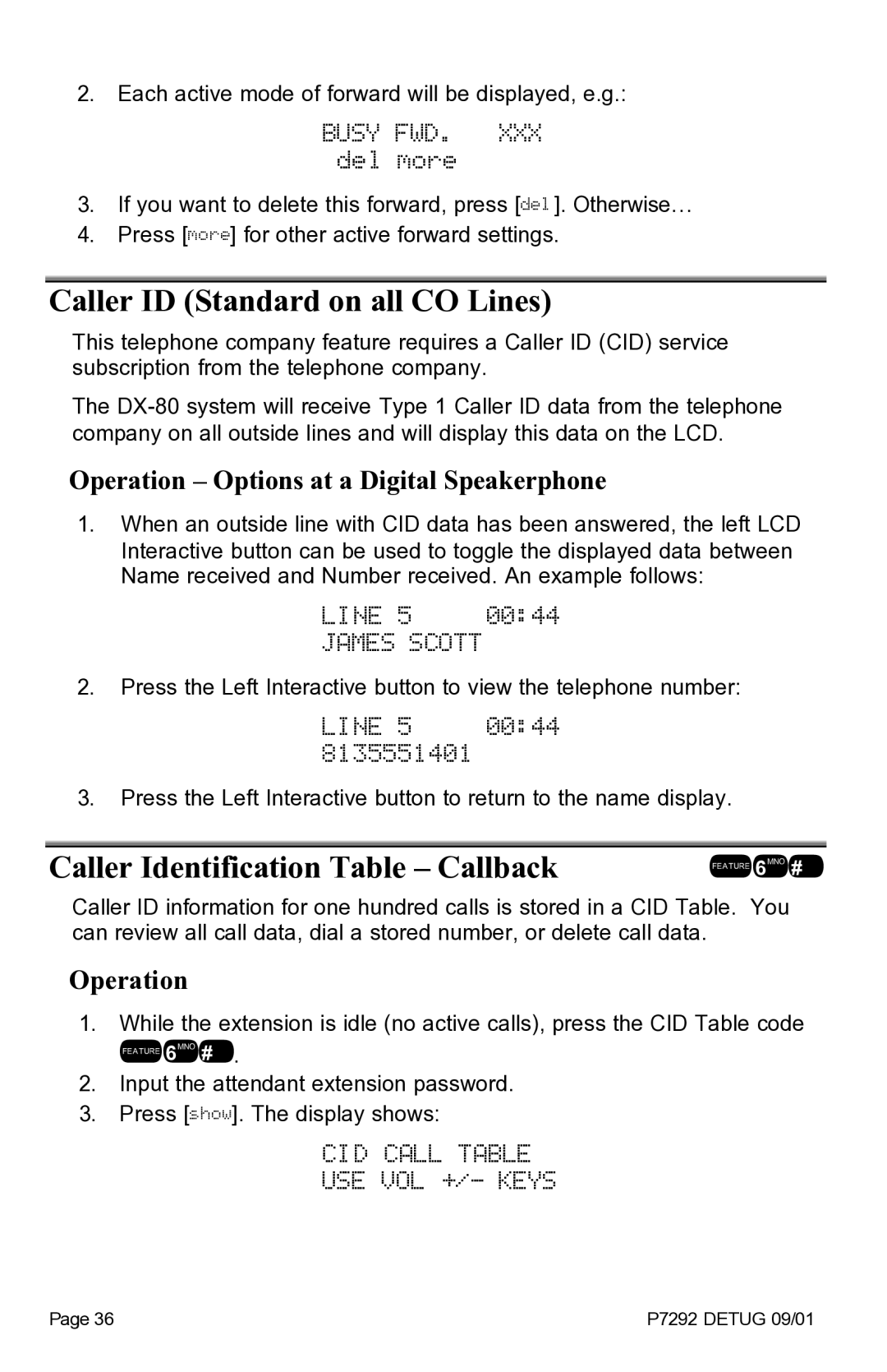 Vertical Communications DX-80TM manual Caller ID Standard on all CO Lines, Caller Identification Table Callback 