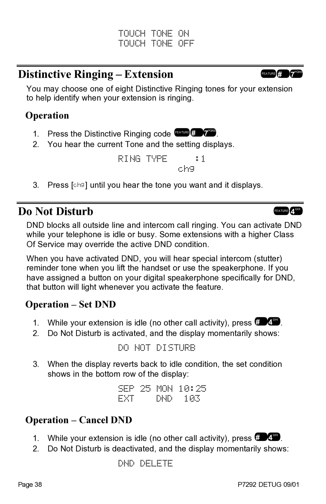 Vertical Communications DX-80TM manual Touch Tone on Touch Tone OFF, Distinctive Ringing Extension, Do Not Disturb, Ext Dnd 