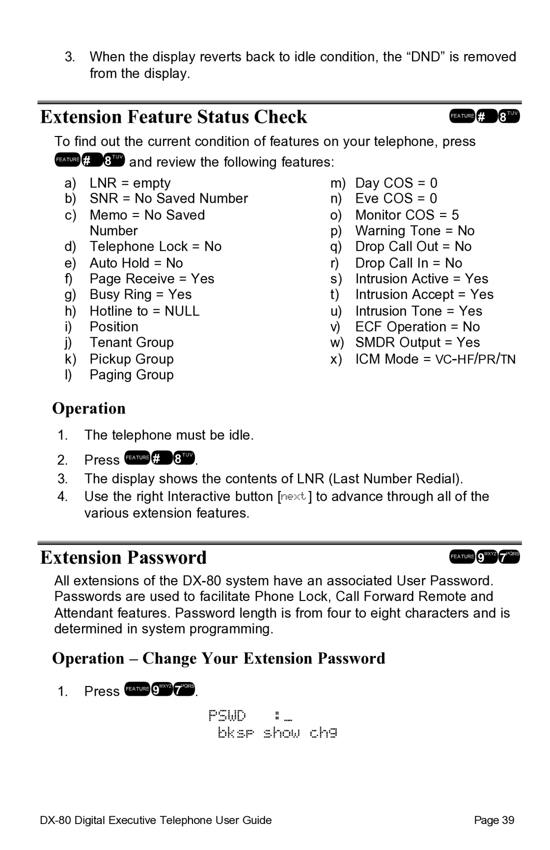 Vertical Communications DX-80TM manual Extension Feature Status Check, Extension Password, Pswd bksp show chg 