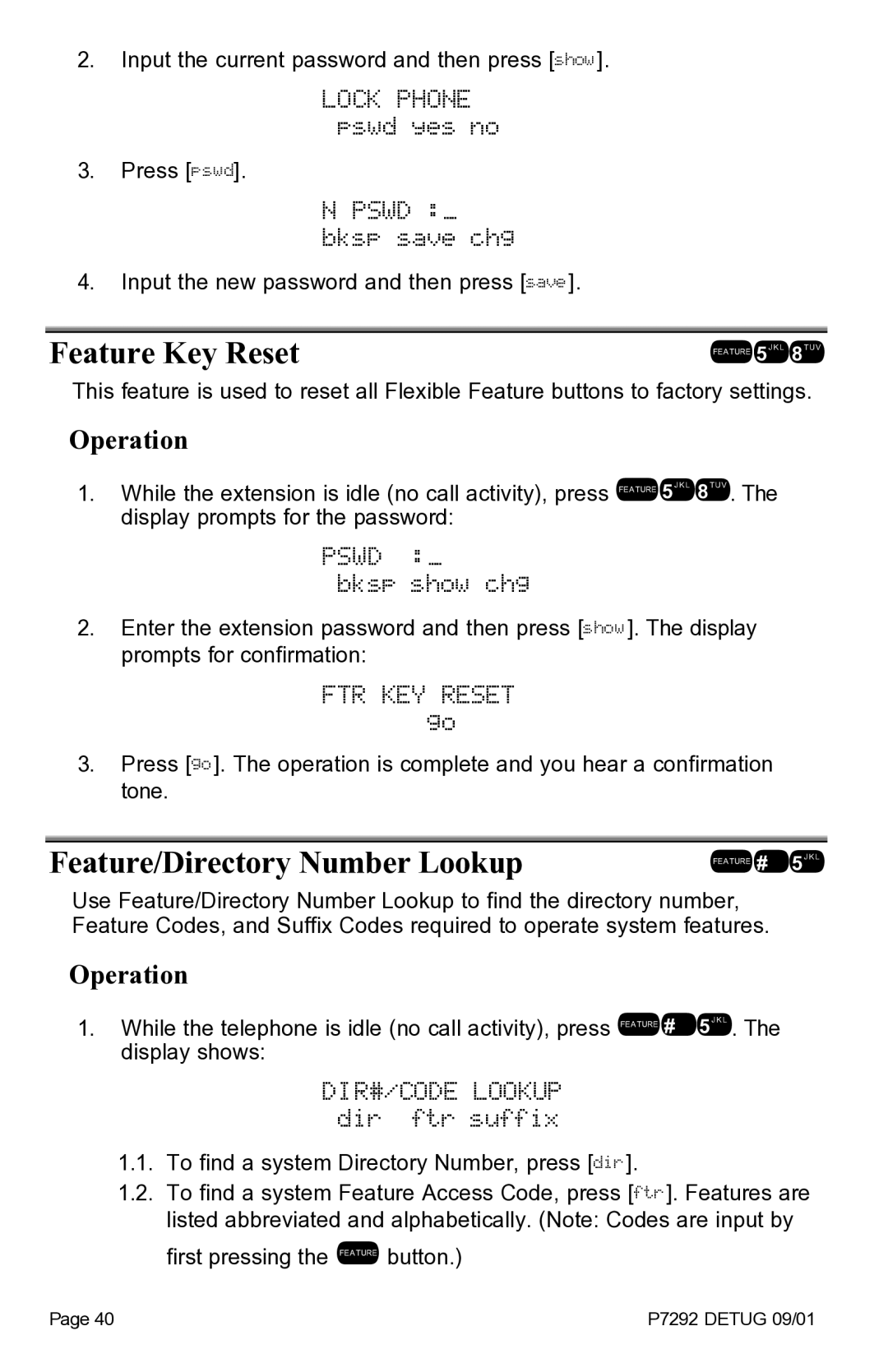 Vertical Communications DX-80TM manual Feature Key Reset, Feature/Directory Number Lookup, Pswd bksp save chg 