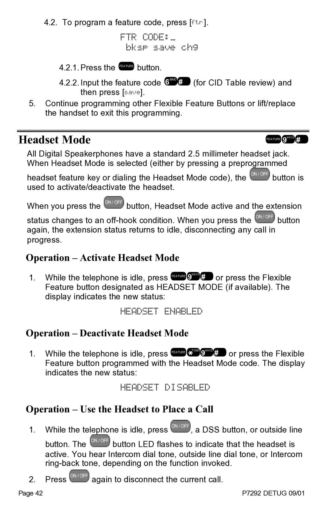 Vertical Communications DX-80TM manual Headset Mode, Headset Enabled, Headset Disabled, FTR Code bksp save chg 