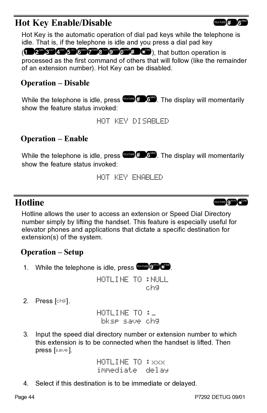 Vertical Communications DX-80TM manual Hot Key Enable/Disable, HOT KEY Disabled, HOT KEY Enabled, Hotline 