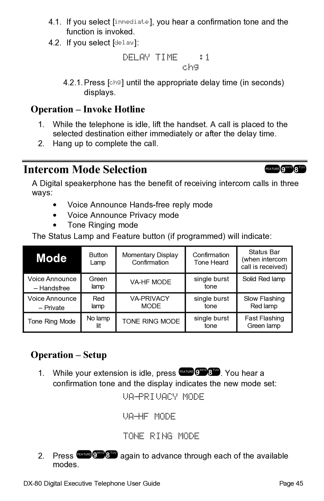 Vertical Communications DX-80TM manual Intercom Mode Selection, VA-PRIVACY Mode VA-HF Mode Tone Ring Mode 