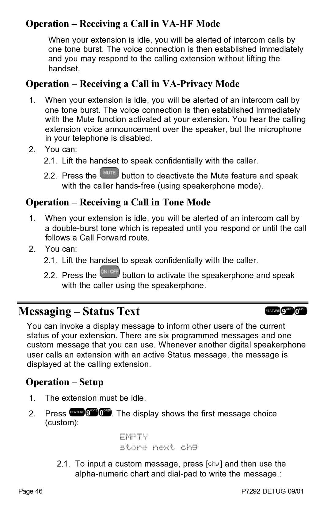 Vertical Communications DX-80TM manual Messaging Status Text, Store next chg, Operation Receiving a Call in VA-HF Mode 