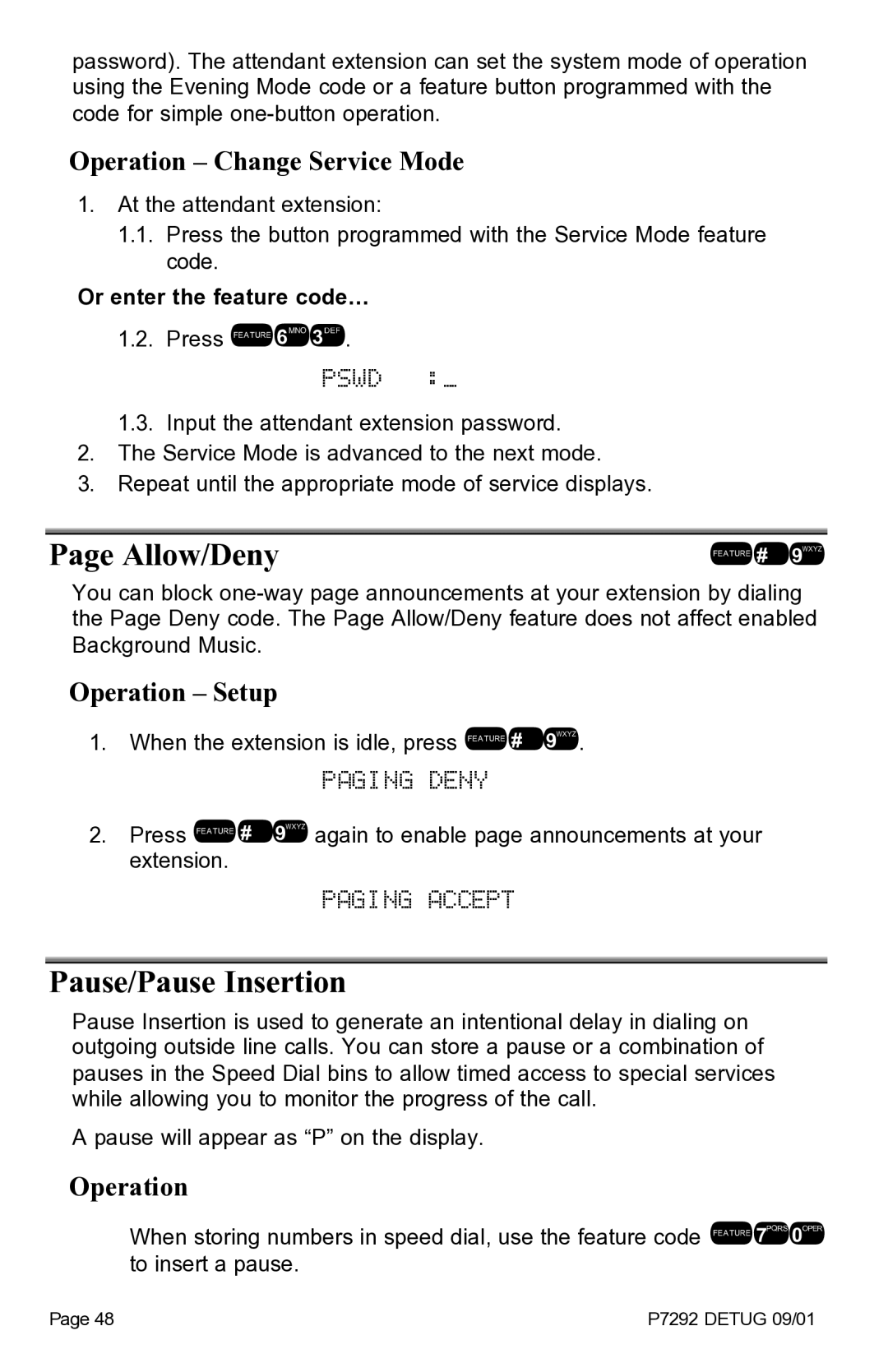 Vertical Communications DX-80TM manual Pswd, Allow/Deny, Paging Deny, Paging Accept, Pause/Pause Insertion 