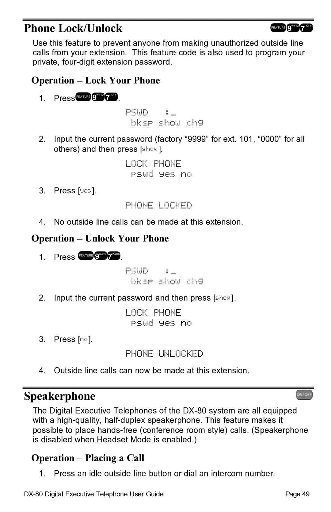 Vertical Communications DX-80TM manual Phone Lock/Unlock, Phone Locked, Phone Unlocked, Speakerphone 