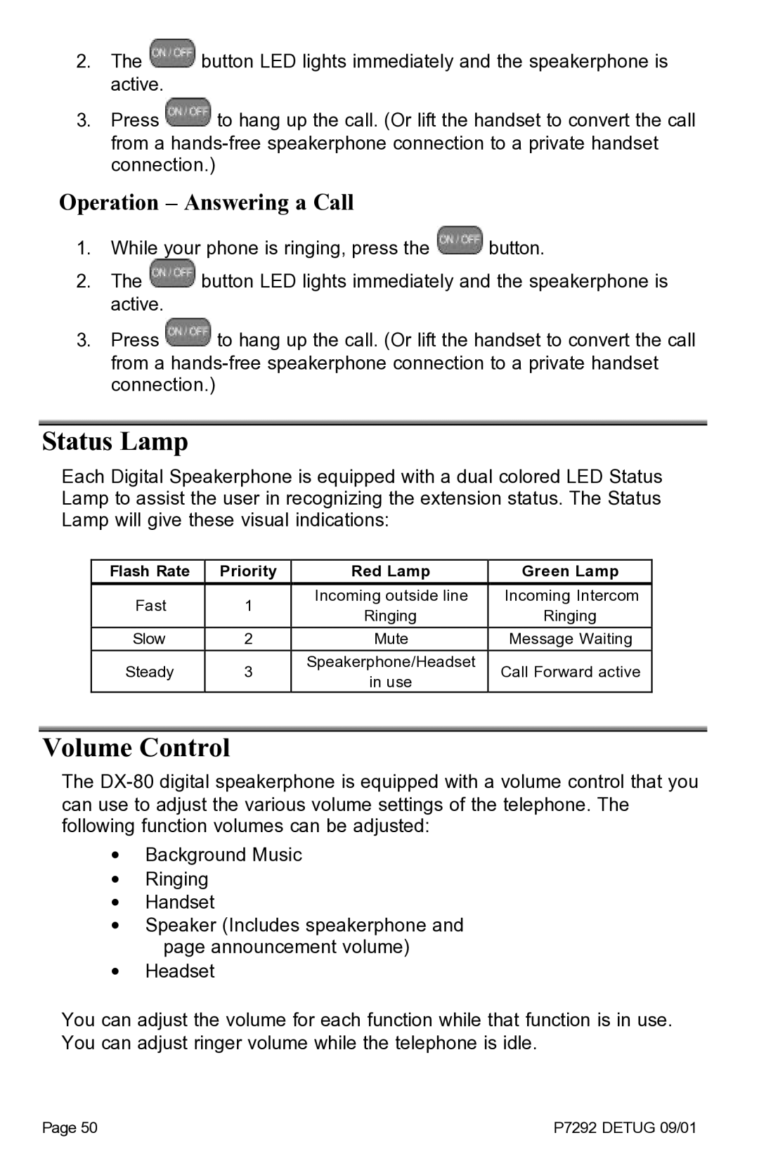 Vertical Communications DX-80TM manual Status Lamp, Volume Control, Operation Answering a Call 