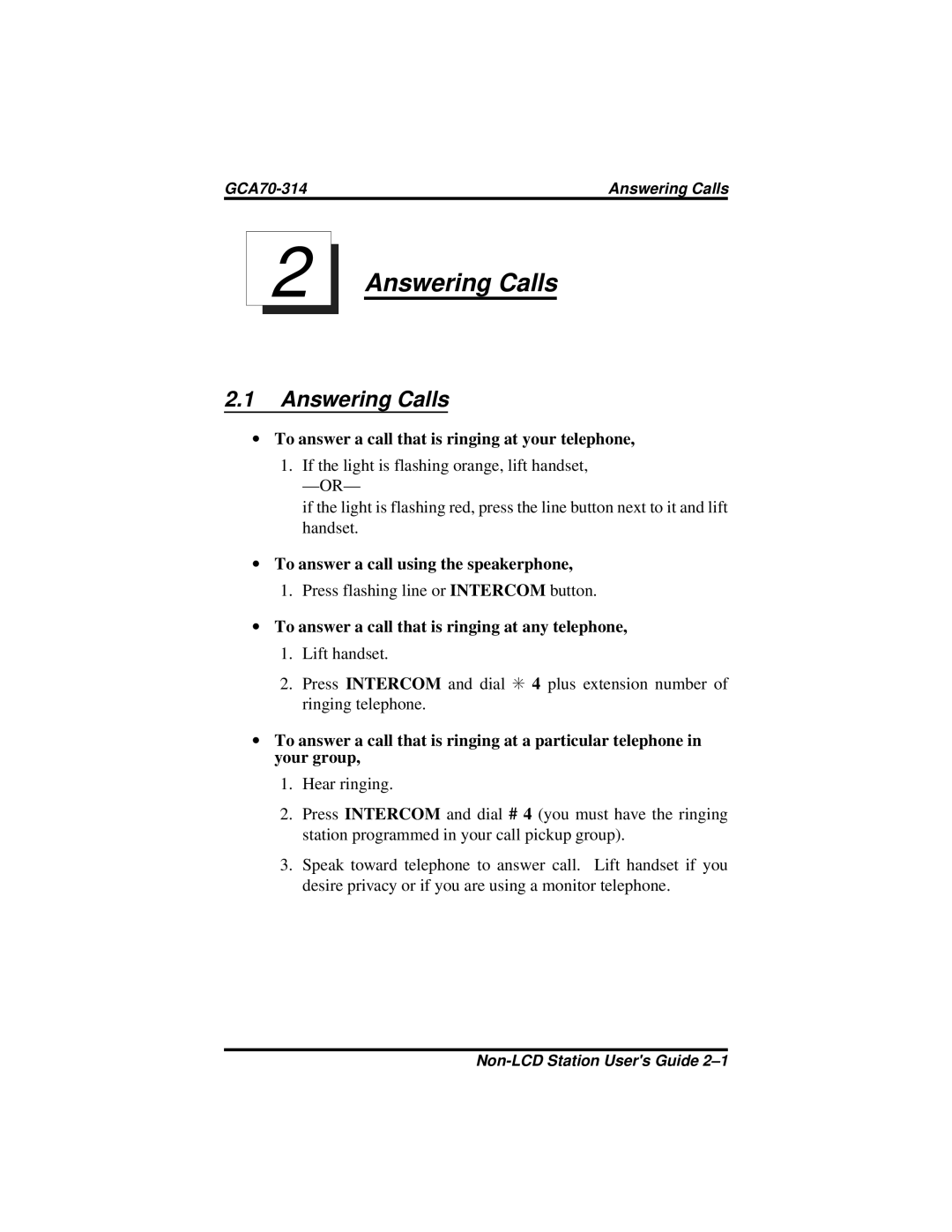 Vertical Communications FX, DXP Plus manual Answering Calls, ∙ To answer a call that is ringing at your telephone 