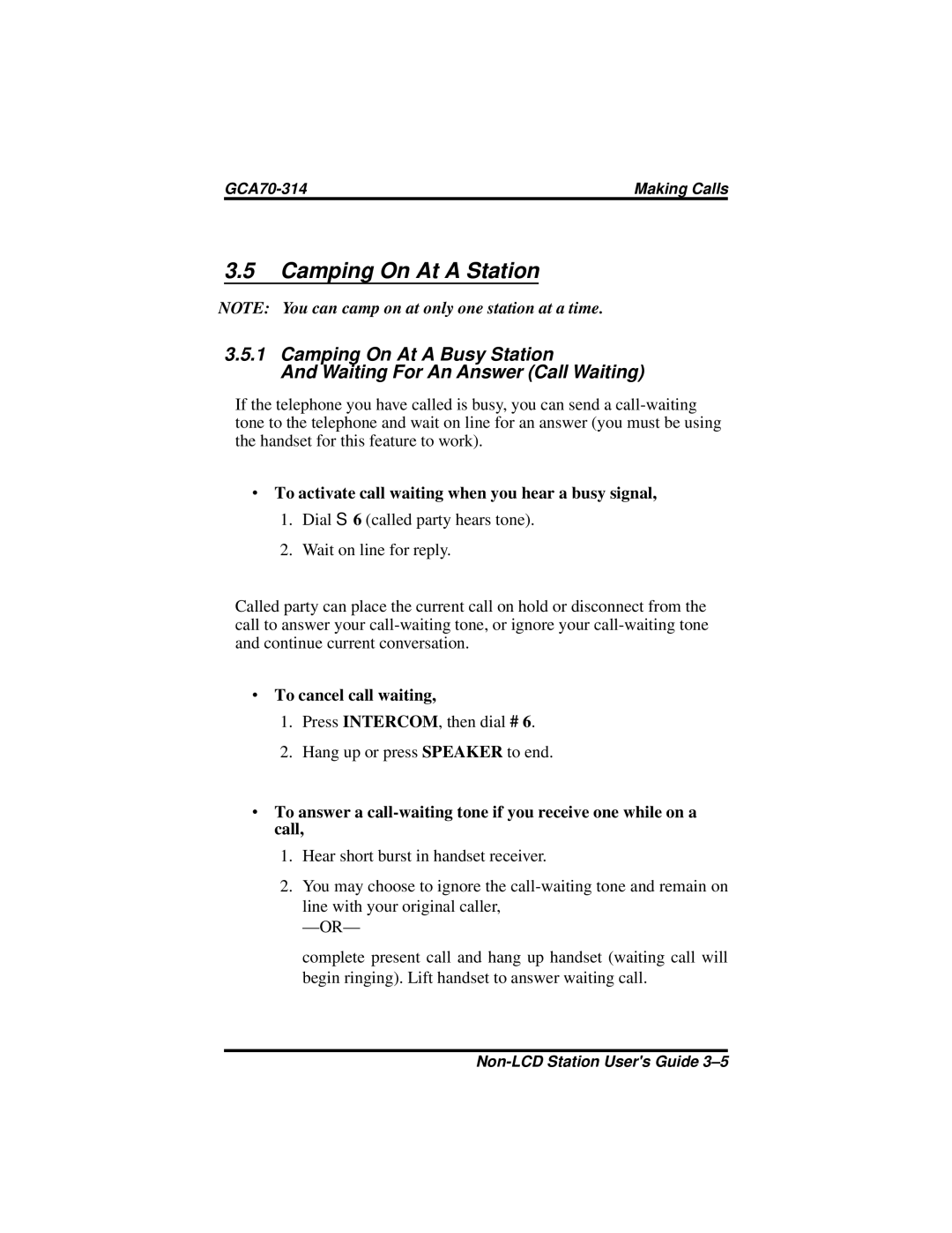 Vertical Communications FX, DXP Plus manual Camping On At a Station, ∙ To activate call waiting when you hear a busy signal 