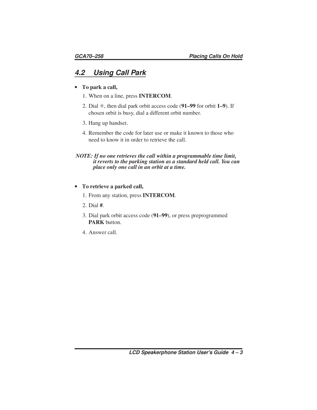 Vertical Communications FX Series, DXP Series manual Using Call Park, ∙ To park a call, ∙ To retrieve a parked call 