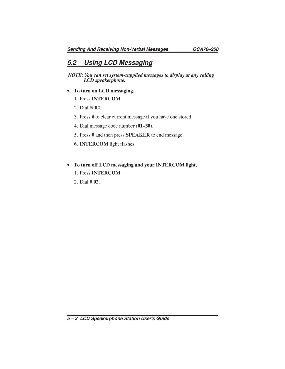 Vertical Communications FX Series, DXP Series manual Using LCD Messaging, ∙ To turn on LCD messaging Press Intercom 