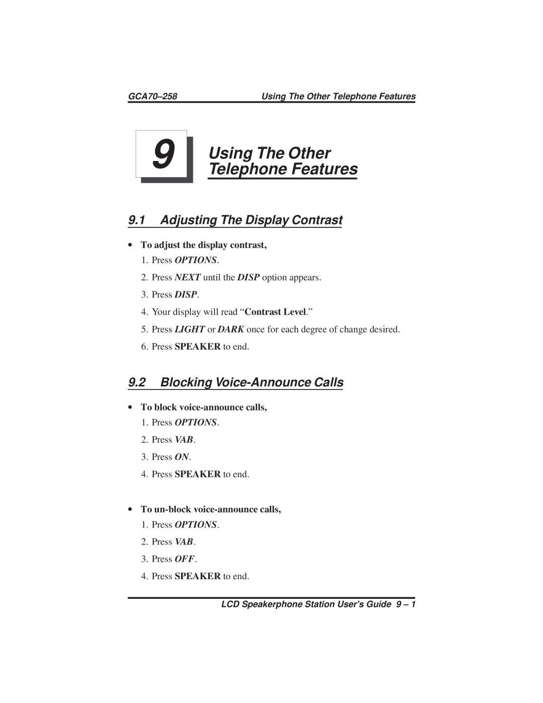 Vertical Communications DXP Plus Series, DXP Series Using The Other, Telephone Features, Adjusting The Display Contrast 