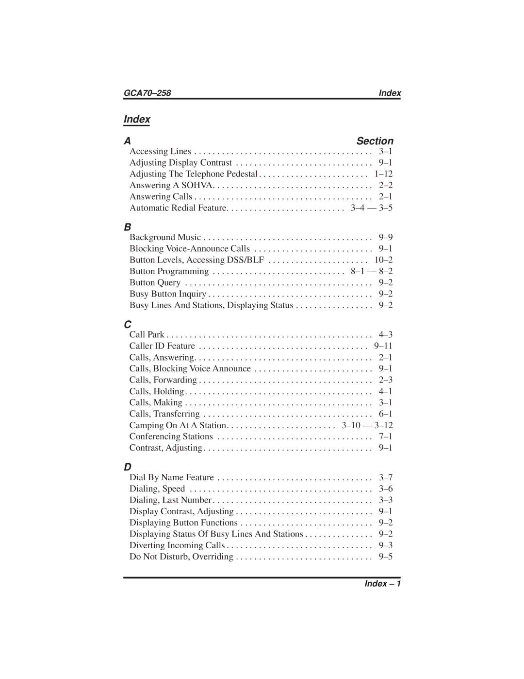 Vertical Communications DXP Series, FX Series, DXP Plus Series manual Index Section 